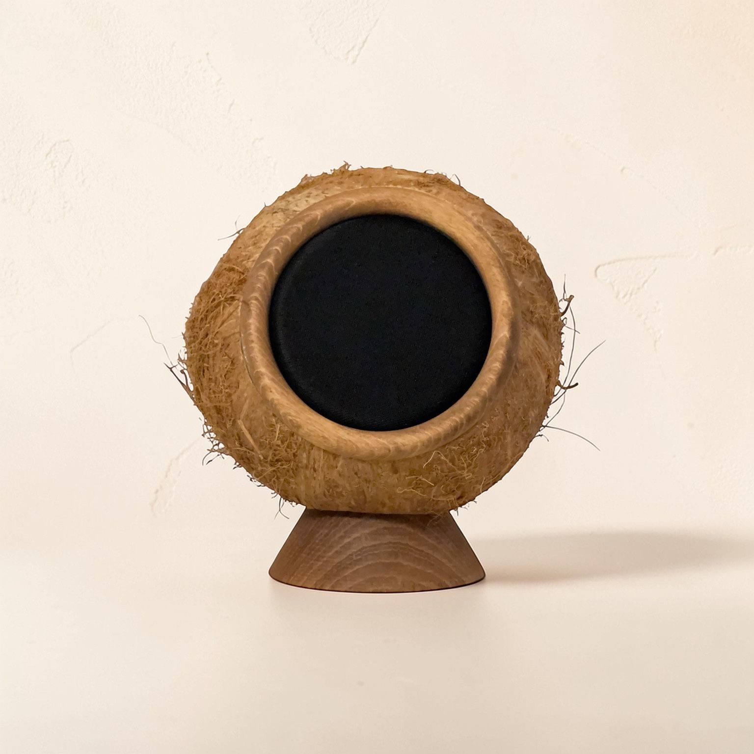 Portable speaker made from a natural coconut shell on a wooden base.